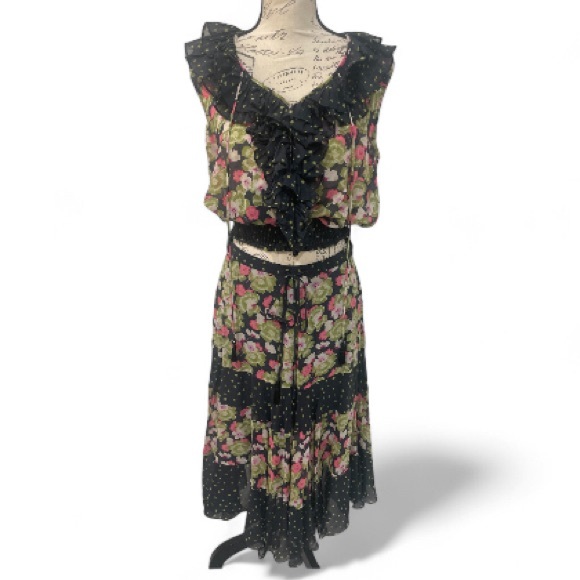 MaxMara Other - MaxMara Pura Seta Silk Floral & Polka Dot Ruffle Top + Midi Skirt Set